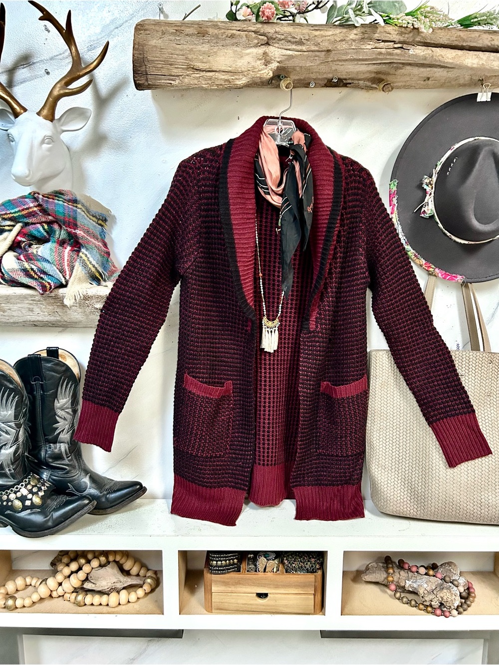 Cabin Cozy Open-Front Burgundy Knit Cardigan Sweater w cottagecore vibe